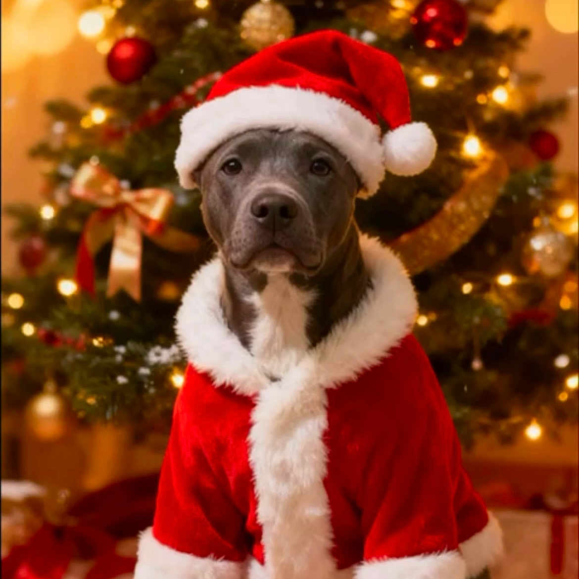 Tayson participe au concours pour gagner de l'argent avec cette photo : animal, canine, carpet, celebration, christmas_tree, costume, cute, decorations, dog, festive, holiday, holiday_season, indoor, lights, ornaments, pet, ribbon, santa_hat, santa_suit, winter