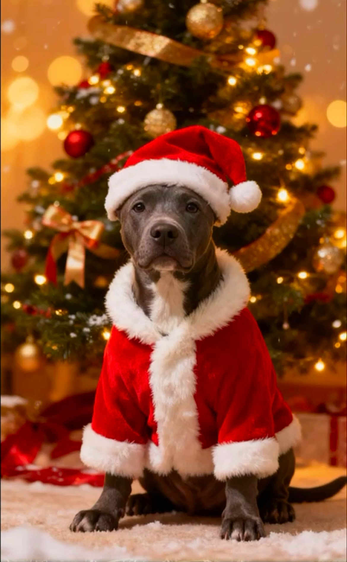 Tayson participe au concours pour gagner de l'argent avec cette photo : dog, christmas_tree, holiday, santa_hat, santa_suit, festive, decorations, ornaments, ribbon, lights, indoor, carpet, cute, pet, winter, celebration, holiday_season, animal, canine, costume