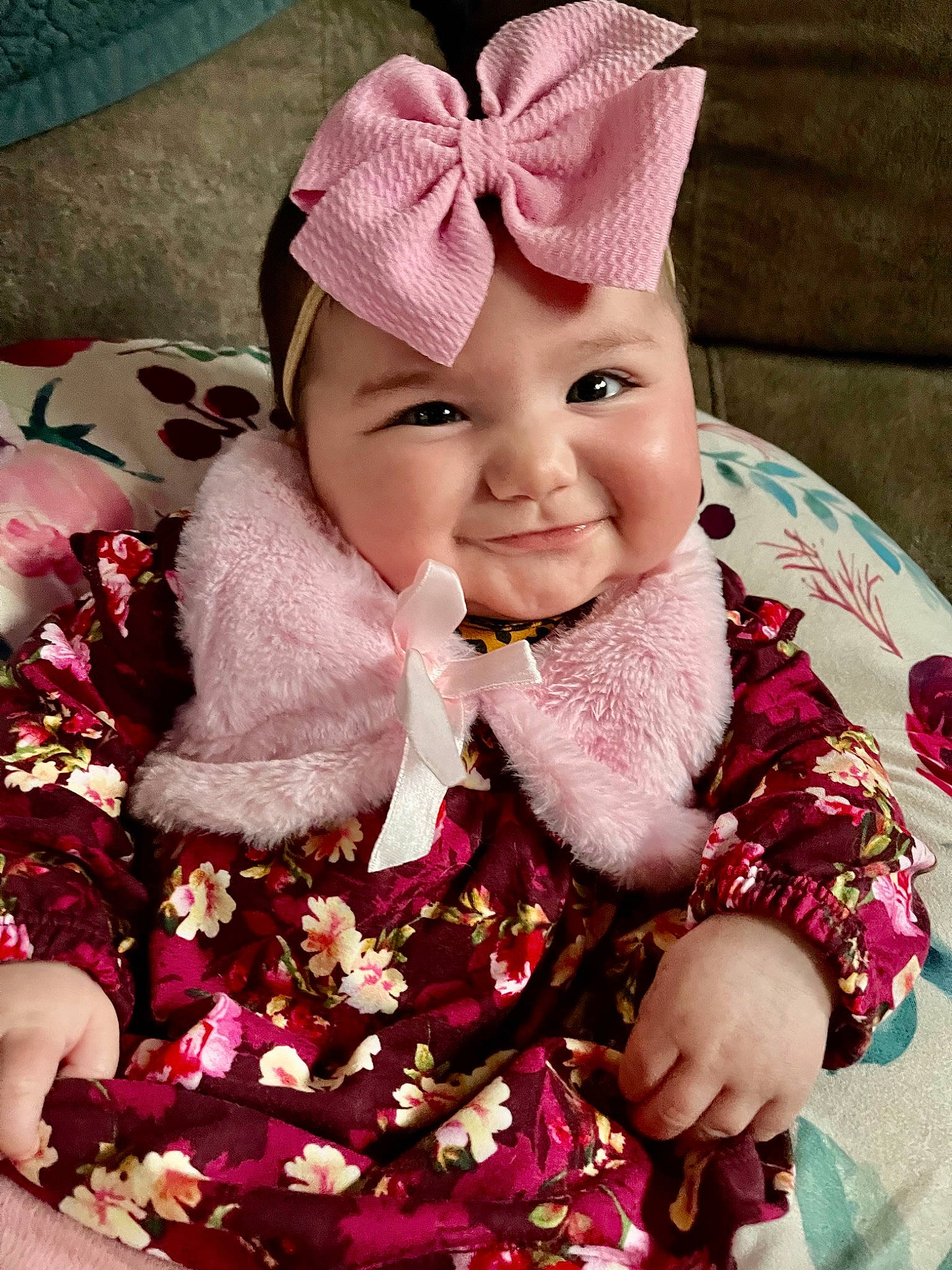 Sabrina joined the competition — help win amazing prizes! baby, baby_toddler_clothing, cap, cheek, child, dress, eye, face, facial_expression, happy, head, headwear, human_body, joy, lip, outerwear, person, pink, skin, sleeve