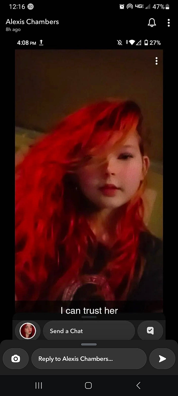 Montana is registered to the contest to win money with this photo: bangs, brown_hair, communication_device, darkness, display_device, entertainment, eyelash, feathered_hair, flash_photography, font, hair_coloring, jaw, layered_hair, lip, long_hair, magenta, multimedia, person, red_hair, screenshot