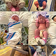 Isabelle joined the competition — help win amazing prizes! baby, newborn, infant, sleeping, swaddled, bassinet, hospital_blanket, hospital, crib, blanket, hat, mittens, diaper, pink, blue, collage, hospital_id_band, name_tag, cozy, portrait