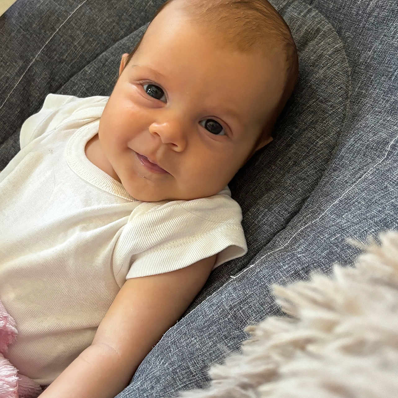 Albane a rejoint le concours — aidez-le/la à gagner de superbes lots ! arm, baby, blanket, child, comfort, cute, eyes, face, gray_cushion, happy, head, indoor, infant, portrait, seat, skin, smile, soft_texture, white_clothing, young_child