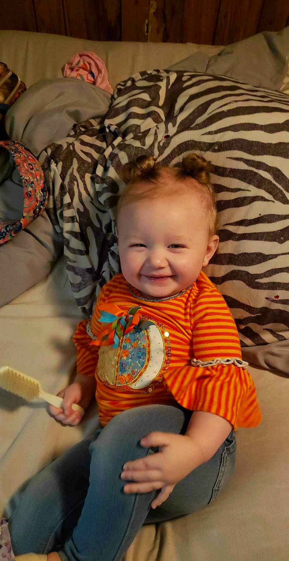 Jaelynn is registered to the contest to win money with this photo: baby, baby_toddler_clothing, cheek, child, comfort, eye, facial_expression, finger, fun, happy, human_body, idiophone, iris, joy, kitchen_utensil, person, product, skin, sleeve, smile