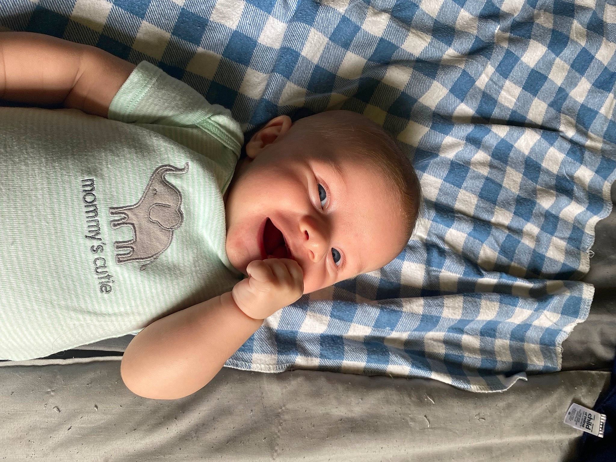 Braxton is registered to the contest to win money with this photo: baby, baby_toddler_clothing, bedtime, cheek, child, comfort, eye, finger, grass, hand, head, linens, mammal, pattern, person, plaid, sitting, skin, sleeve, toddler