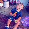 child, toddler, smiling, toy, brick_steps, blue_shirt, shorts, sneakers, fireworks, holiday, celebration, text_overlay, patriotic, 4th_of_july, outdoor, door, concrete_floor, playful, festive, happy