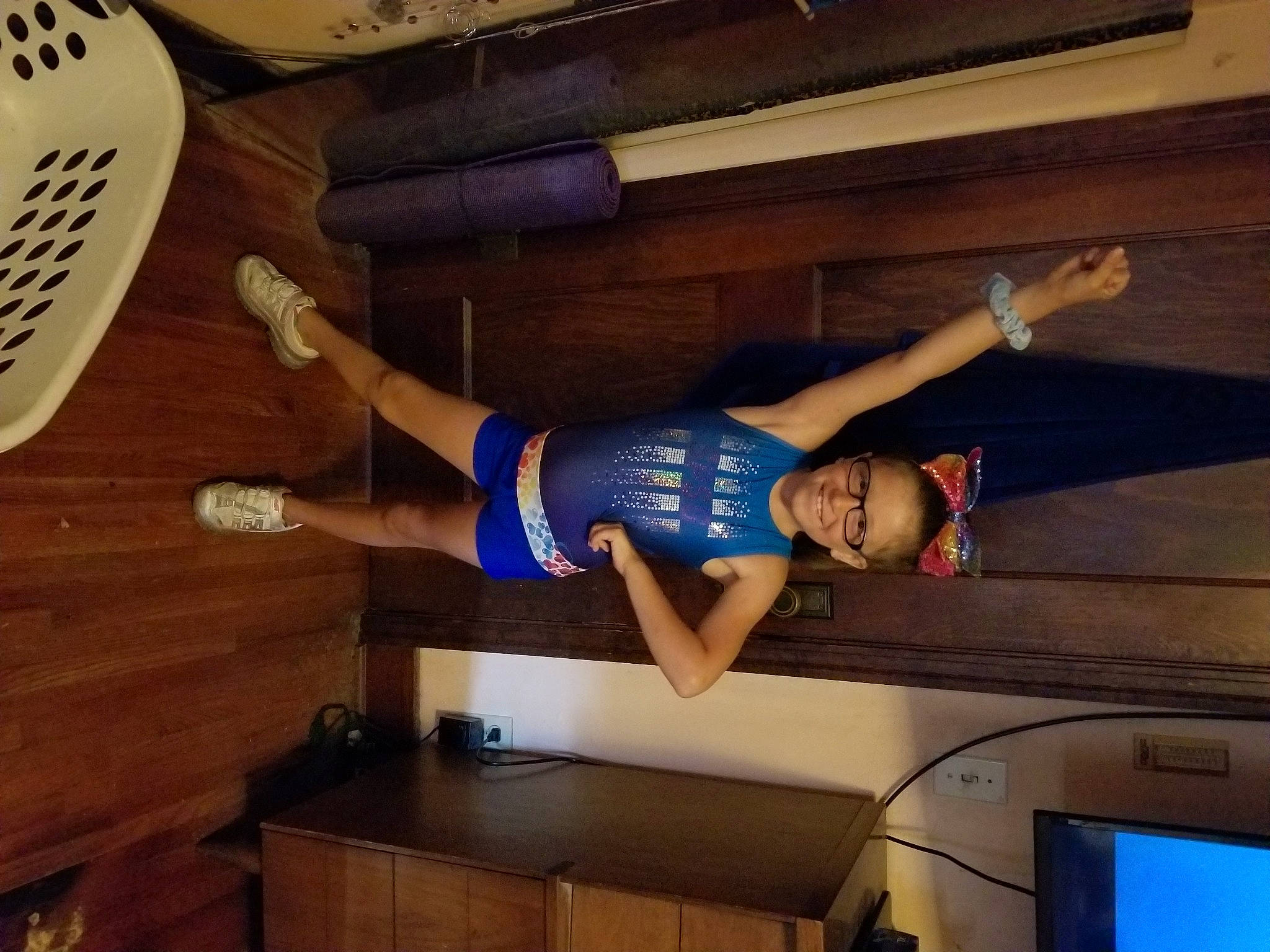 Danielle joined the competition — help win amazing prizes! arm, ball, ceiling, elbow, electric_blue, fun, human_leg, joy, knee, leg, leisure, light, person, physical_fitness, room, shorts, sneakers, sportswear, t_shirt, thigh