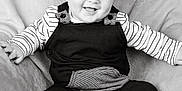 Thiago joined the competition — help win amazing prizes! baby, child, smiling, sitting, blanket, striped_clothing, overalls, happy, portrait, indoors, cute, face, head, person, infant, monochrome, black_and_white, sock, soft_texture, cozy