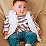 baby, child, infant, sitting, striped_shirt, white_vest, denim_pants, socks, soft_blanket, cute, surprised_expression, indoors, portrait, cozy, small_hands, big_eyes, casual_clothing, comfortable, happy, young_child