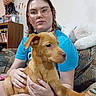 Oakley Rain is registered to the contest to win money with this photo: person, dog, puppy, glasses, blue_shirt, couch, indoor, furniture, plush_toy, doll, bookshelf, brown_dog, pet, holding, seated, curious, casual, home, portrait, relaxed