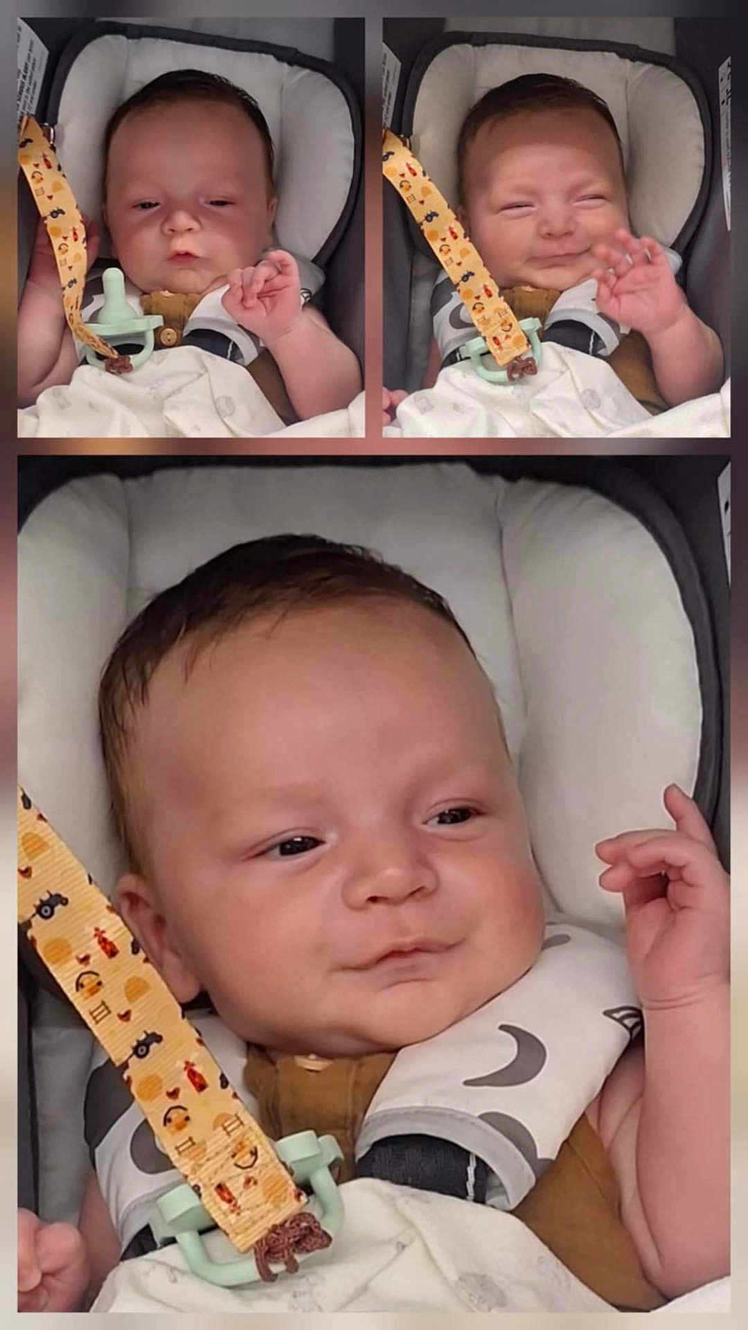 Thomas is registered to the contest to win money with this photo: baby, infant, car_seat, pacifier, smiling, sleepy, collage, cute, child, expression, blanket, clothing, face, head, hand, indoors, portrait, baby_seat, strap, comfort