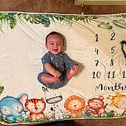 Walker joined the competition — help win amazing prizes! baby, infant, milestone_blanket, cartoon_animals, elephant, tiger, zebra, lion, monkey, giraffe, numbers, months, greenery, heart_shape, smiling, clothing, floor, carpet, cute, celebration