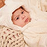 Melody joined the competition — help win amazing prizes! baby, infant, child, portrait, face, eyes, wide_eyed, lying_down, blanket, hooded_blanket, fleece, knitted_blanket, cozy, warm_lighting, indoors, soft_texture, sleepwear, cute, close_up, photography