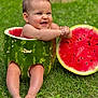 baby, watermelon, grass, outdoor, smiling, happy, child, fruit, summer, cute, sitting, nature, green, playful, skin, feet, head, funny, fruit_slice, vacation