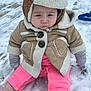 toddler, child, snow, winter_clothing, jacket, hood, mittens, pink_pants, boots, outdoor, cold, frown, sitting, snowy_ground, winter, cute, baby, cold_weather, fleece, expression