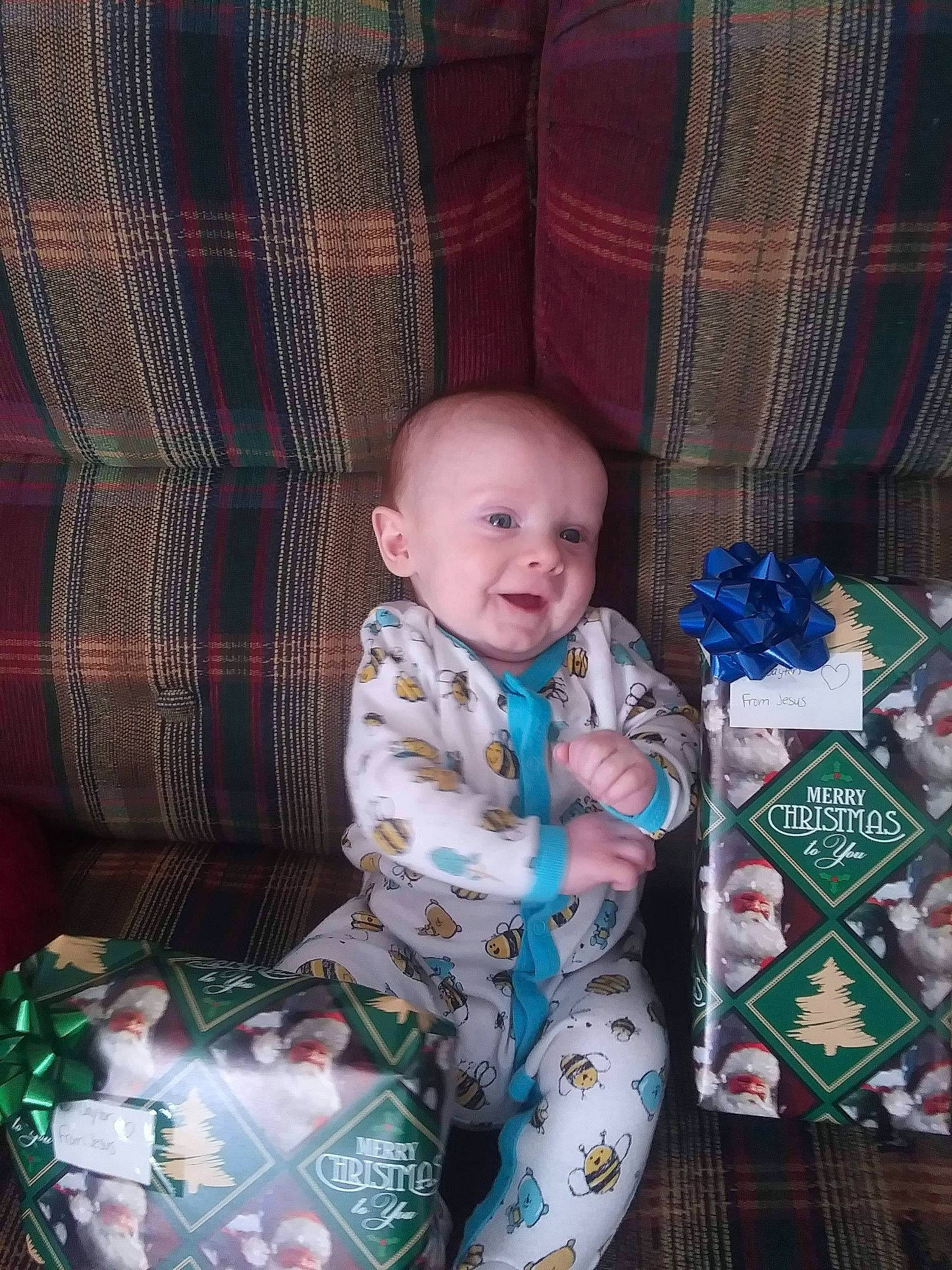Dayton joined the competition — help win amazing prizes! baby, baby_toddler_clothing, blue, chair, event, happy, holiday, leaf, pattern, person, plaid, red, sitting, sleeve, smile, t_shirt, tartan, textile, toddler, tree