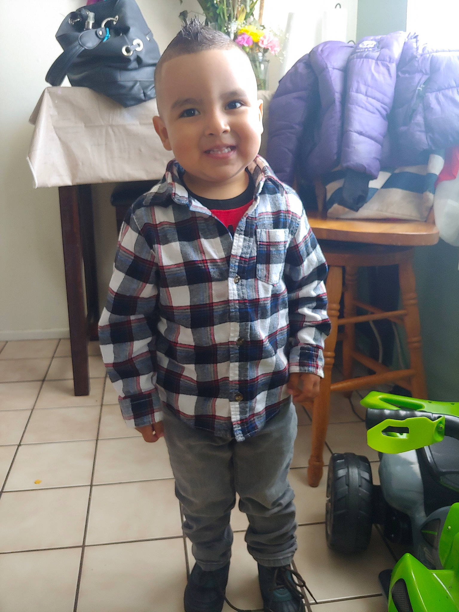 Domenic joined the competition — help win amazing prizes! child, footwear, jeans, joy, outerwear, person, plaid, shoe, sleeve, smile, t_shirt, toddler