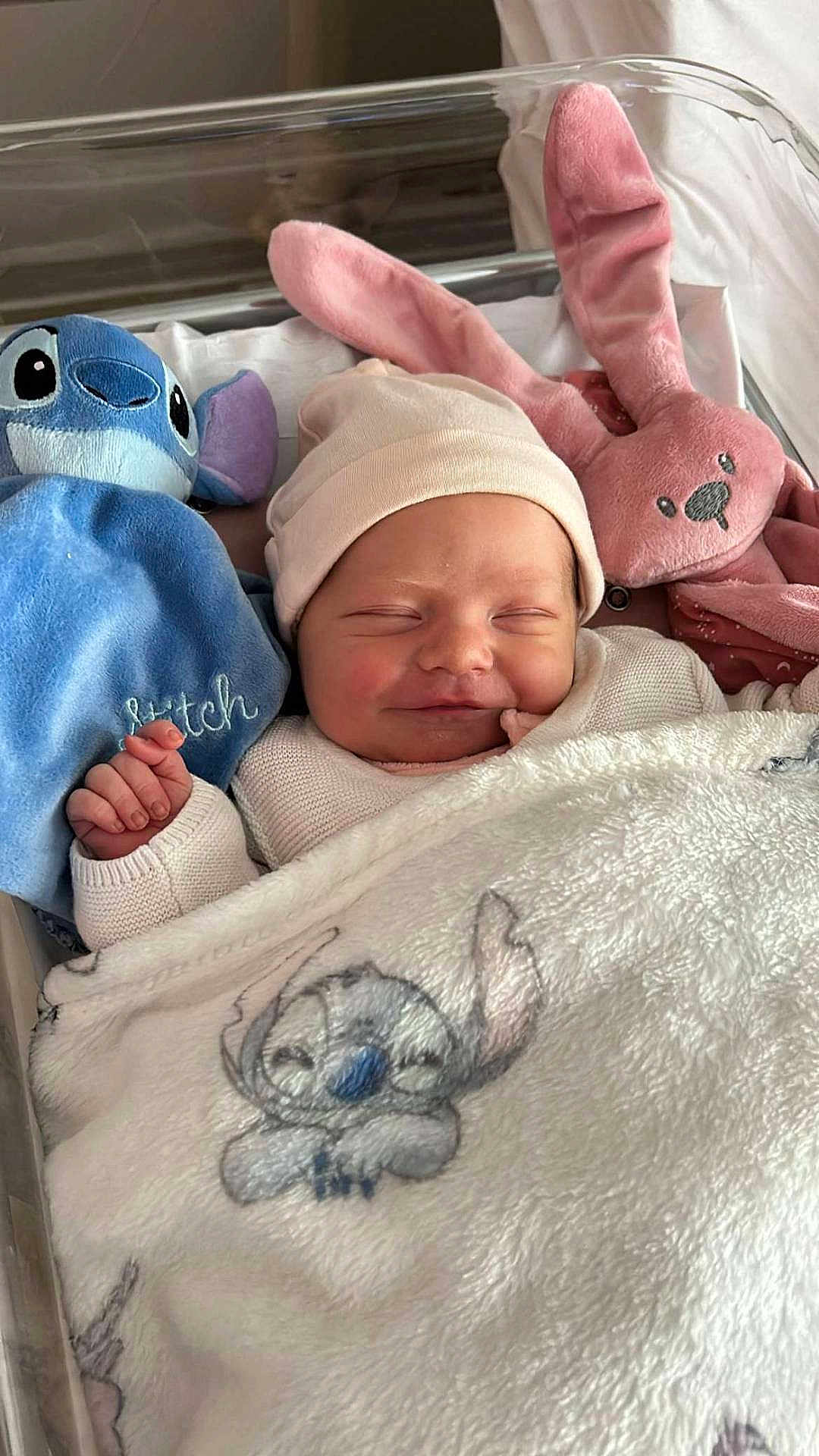 Ava participe au concours pour gagner de l'argent avec cette photo : newborn, baby, sleeping, hat, blanket, plush_toy, stitch, pink_bunny, hospital_bassinet, cozy, soft, cute, infant, child, smile, wrapped, bed, resting, comfort, peaceful