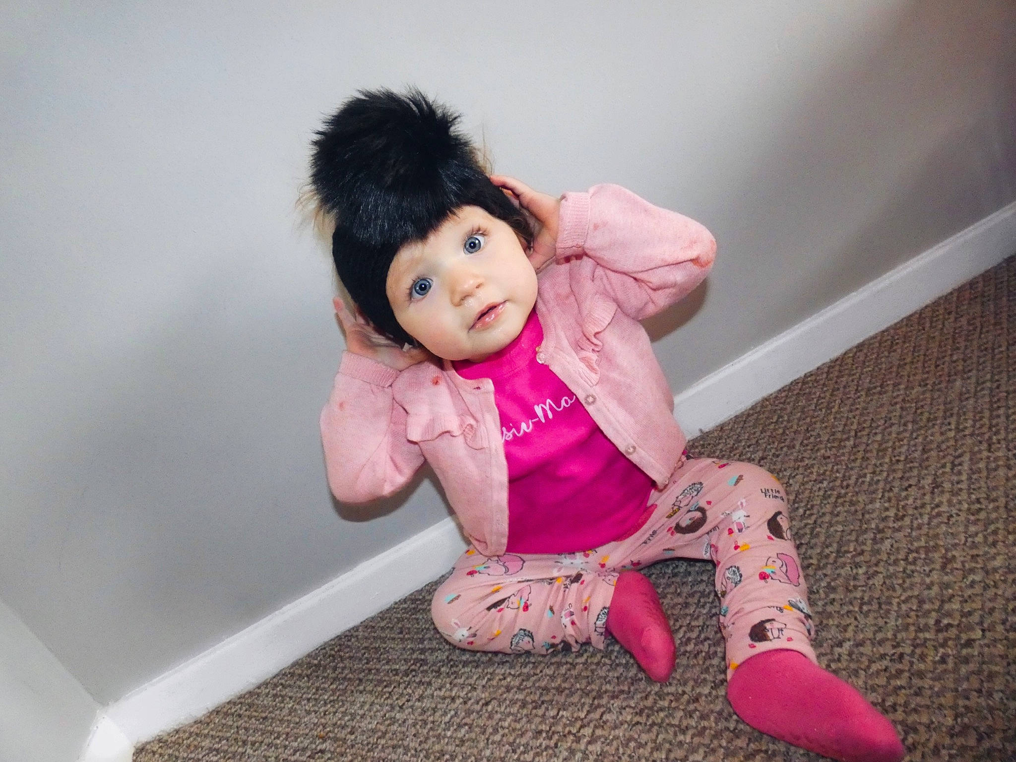 Elsie-mae is registered to the contest to win money with this photo: baby, beauty, black_hair, cheek, child, footwear, fur, joint, leg, person, photography, pink, shoe, sitting, skin, toddler