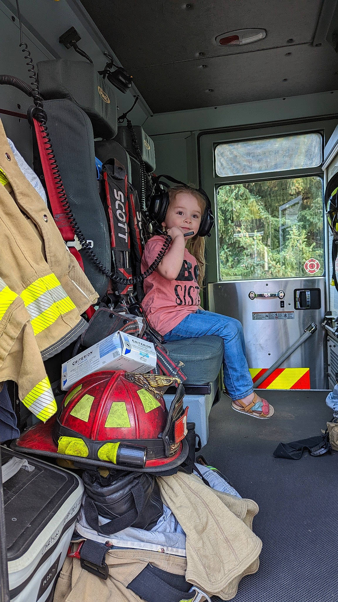 Emma joined the competition — help win amazing prizes! auto_part, automotive_design, backpack, bag, baggage, emergency_service, event, firefighter, helmet, luggage_and_bags, luxury_vehicle, motor_vehicle, person, personal_protective_equipment, rescuer, service, stretcher, toddler, vehicle_door, window