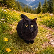 John participe au concours pour gagner de l'argent avec cette photo : animal, black_cat, cat, curious_cat, daylight, flora, forest, grass, landscape, mammal, mountain_trail, nature, outdoor, path, pine_trees, scenic, snow_capped_mountains, sunlight, wildflowers, yellow_eyes