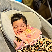 Alani is registered to the contest to win money with this photo: adorable, baby, baby_rocker, bib, child, clothing, comfort, cute, face, gray, indoors, infant, leopard_print, pacifier, peaceful, pink, resting, sleeping, soft, young