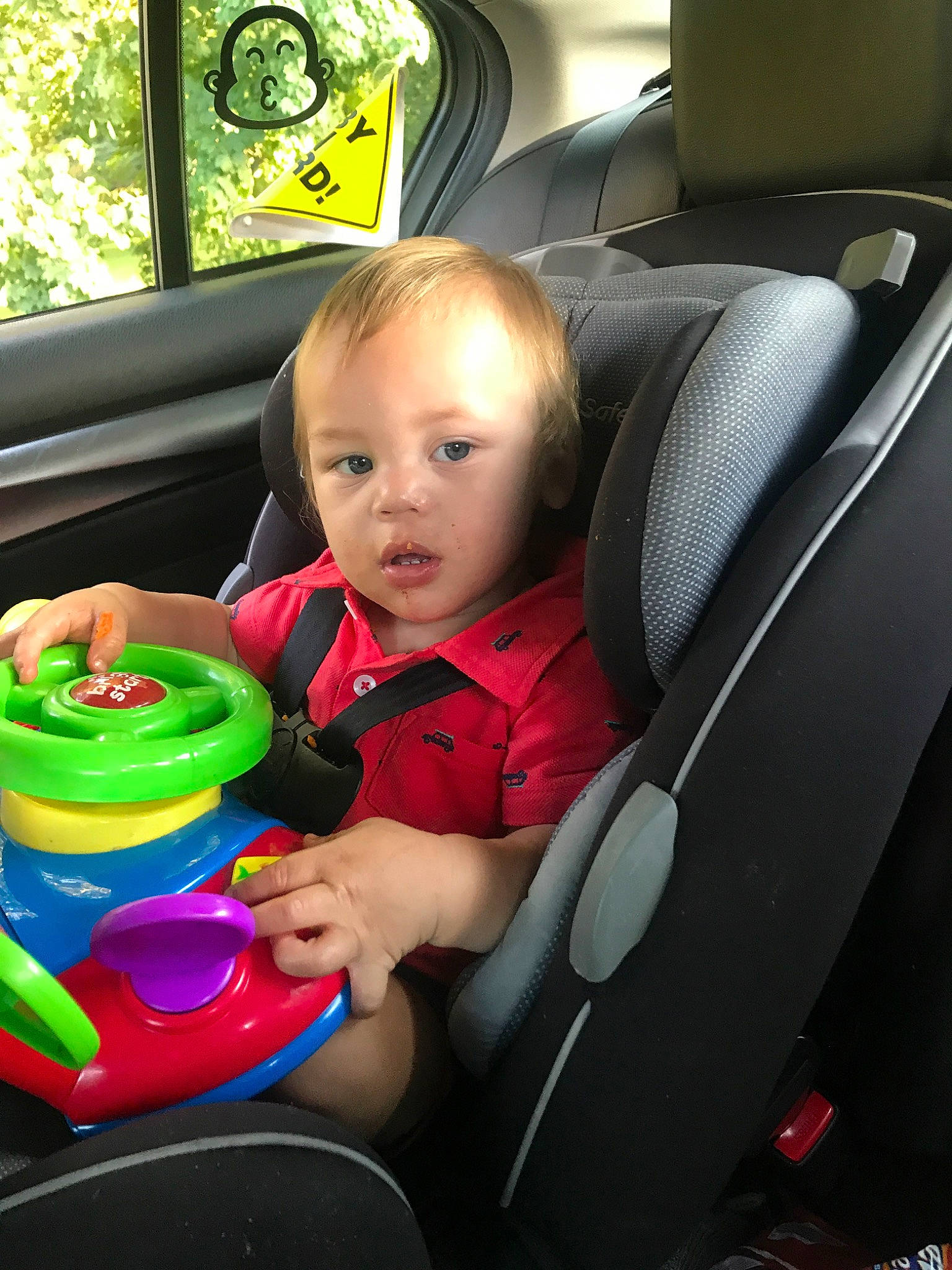 Jaci joined the competition — help win amazing prizes! baby, baby_in_car_seat, car, car_seat, child, family_car, fun, person, play, product, sitting, skin, smile, toddler, vehicle