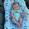 baby, infant, baby_seat, car_interior, onesie, striped_clothing, patterned_fabric, child, cute, person, sitting, blue, white, green, pink, head, feet, arms, face, expression