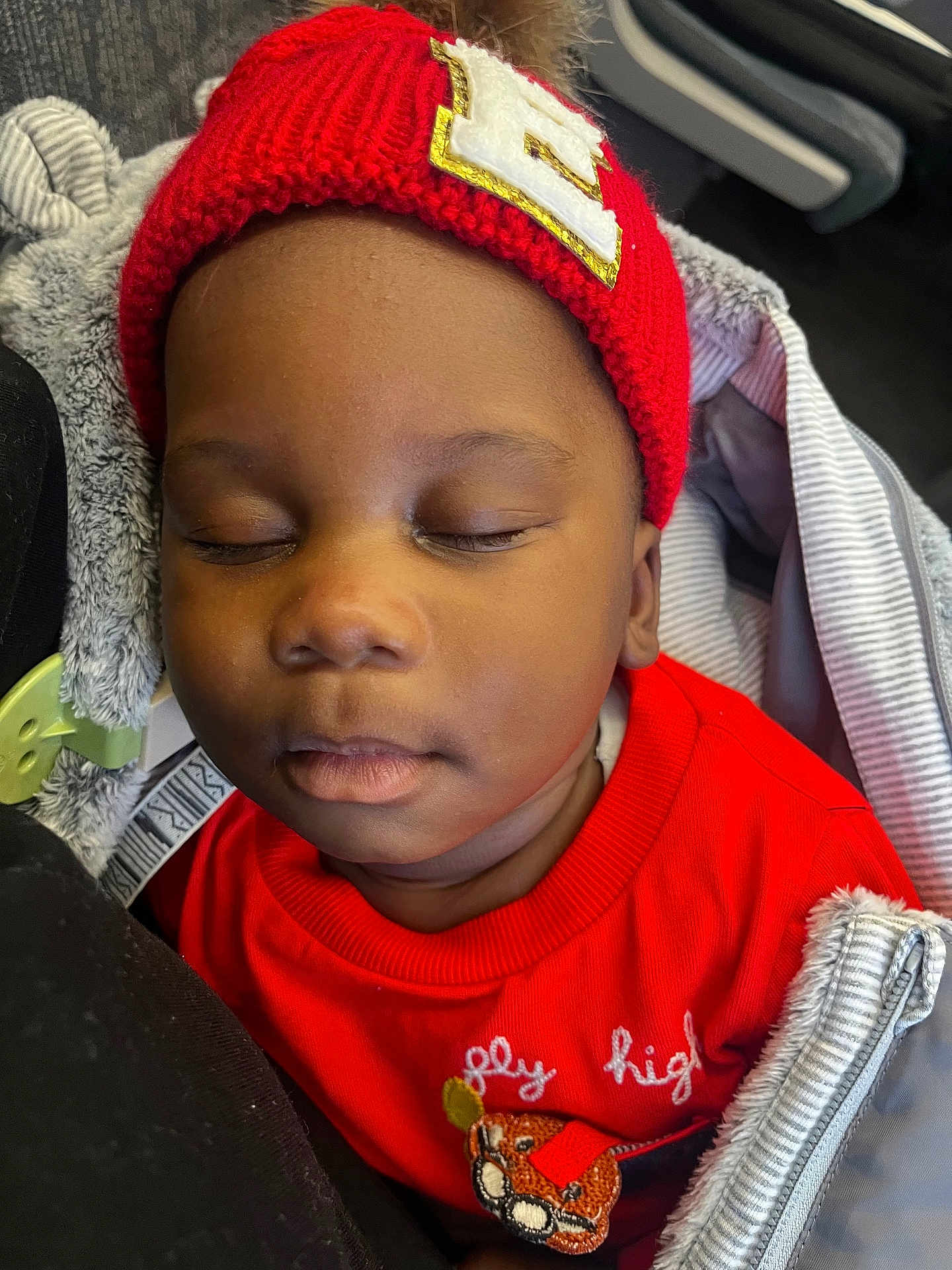 Enzo is registered to the contest to win money with this photo: baby, sleeping, red_hat, red_shirt, knit_hat, pom_pom, cozy, blanket, infant, child, face, closed_eyes, cute, warm_clothing, soft_texture, portrait, indoors, resting, peaceful, young_child
