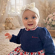 Mahyna participe au concours pour gagner de l'argent avec cette photo : baby, infant, blue_eyes, headband, bow, floral_dress, patterned_skirt, long_sleeves, sitting, smiling, rosy_cheeks, plush_toy, teddy_bear, nursery, window_light, curtains, fairy_lights, shaggy_rug, indoor, cozy_room