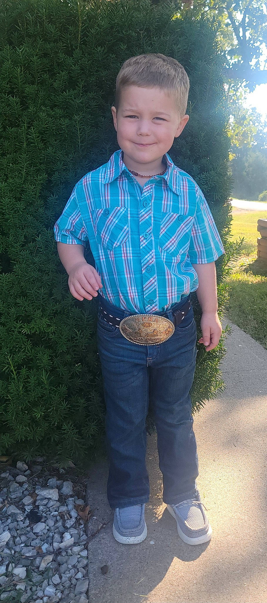 Jake joined the competition — help win amazing prizes! belt, button, child, clothing, cool, denim, dress_shirt, electric_blue, fun, grass, happy, jeans, joy, pattern, person, plaid, plant, sleeve, smile, t_shirt