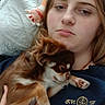 David joined the competition — help win amazing prizes! bedroom, brown_dog, casual_clothing, close_up, comfort, dog, face, facial_expression_neutral, holding_pet, human_hand, indoor, light_hair, person, plush_toy, quilted_blanket, relaxed, resting, sleeping_dog, small_dog, white_pillow