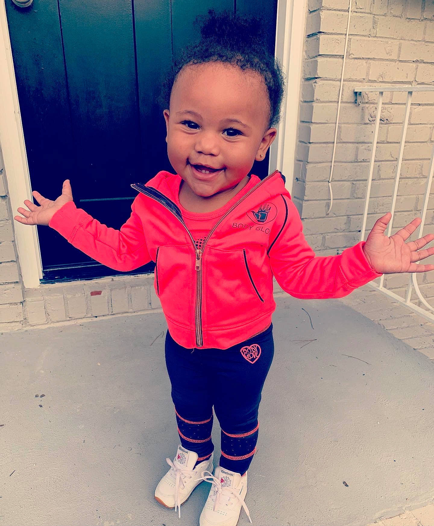 Serenitie joined the competition — help win amazing prizes! cheek, child, cool, face, gesture, happy, head, jacket, jeans, joy, outerwear, person, play, shoe, skin, sleeve, smile, standing, toddler, trousers