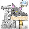 animal, cartoon, cat, cat_tree, crayon_style, cute, digital_art, drawing, feline, gray_cat, illustration, indoor, lounging, pet_furniture, pink_ears, pixel_art, play_structure, simple_background, sketch, yellow_eyes