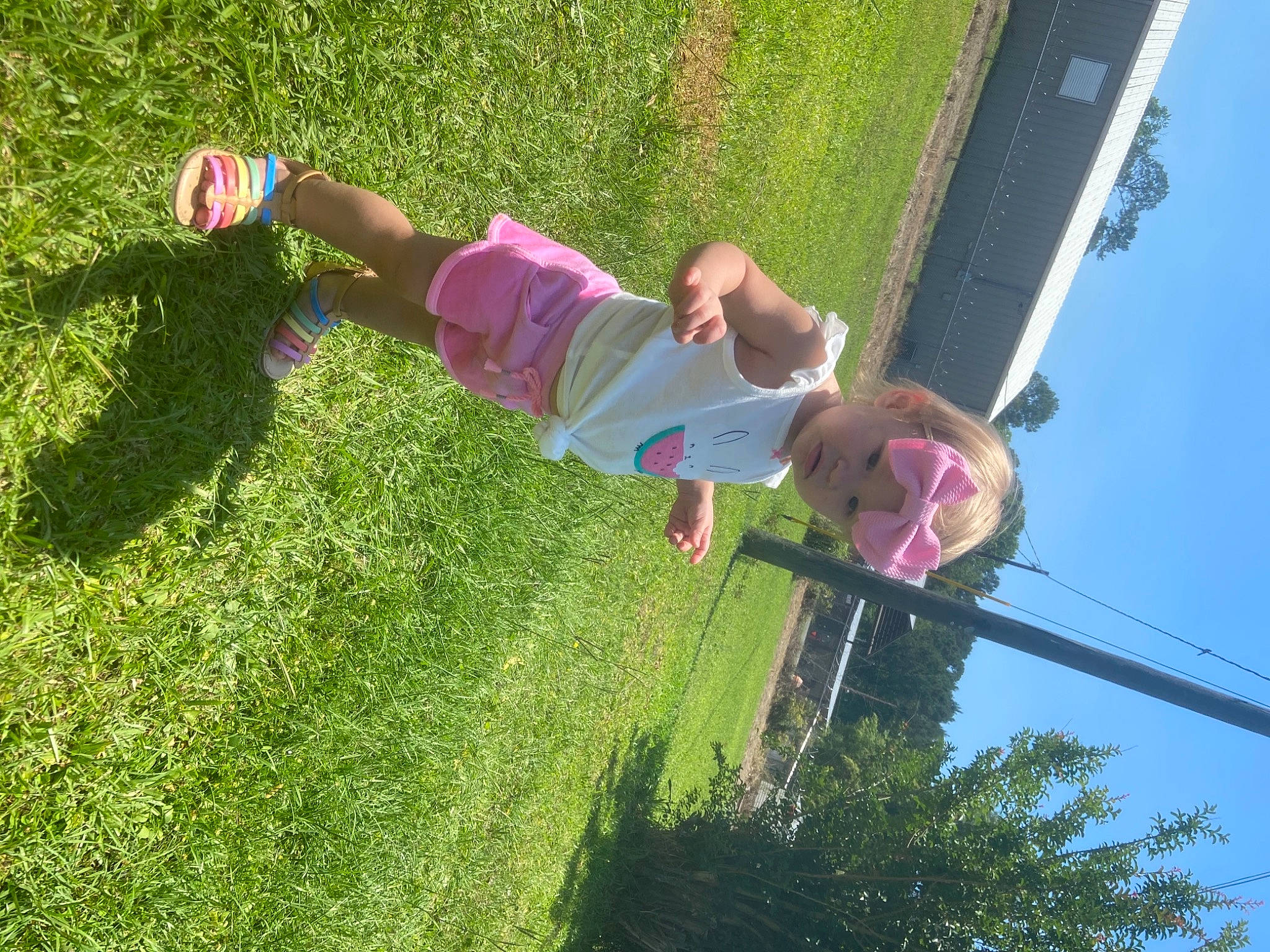 Marianna is registered to the contest to win money with this photo: baby, fun, grass, grassland, jumping, knee, landscape, lawn, leisure, line, magenta, outdoor_play_equipment, people_in_nature, person, plant, playground, recreation, sky, smile, toddler