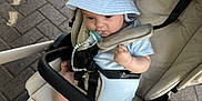 Romeo joined the competition — help win amazing prizes! baby, stroller, pacifier, hat, onesie, outdoor, pavement, child, infant, seatbelt, beaded_pacifier_clip, curious, calm, foot, hand, metal_pole, fabric, sunlight, person, transport