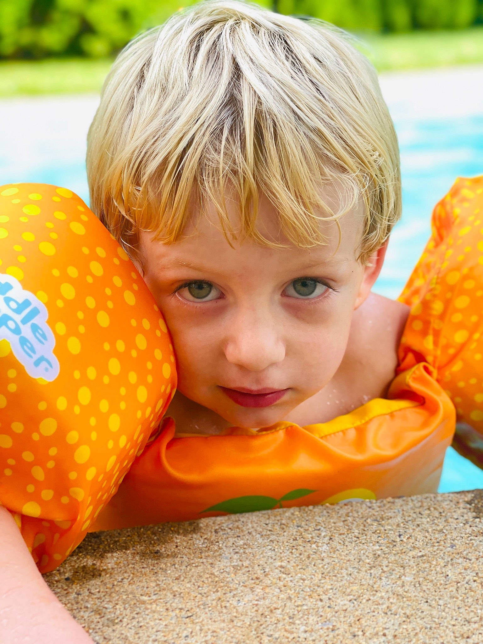 Emrie is registered to the contest to win money with this photo: blond, child, face, facial_expression, fun, grass, hairstyle, happy, head, leisure, lip, mouth, nose, orange, people_in_nature, person, personal_protective_equipment, plant, skin, toddler