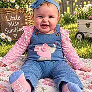 Evangeline joined the competition — help win amazing prizes! baby, child, infant, smiling, happy, portrait, outdoor, garden, flowers, daisies, headband, bow, overalls, pink, blue, socks, sitting, blanket, sunlight, wooden_sign