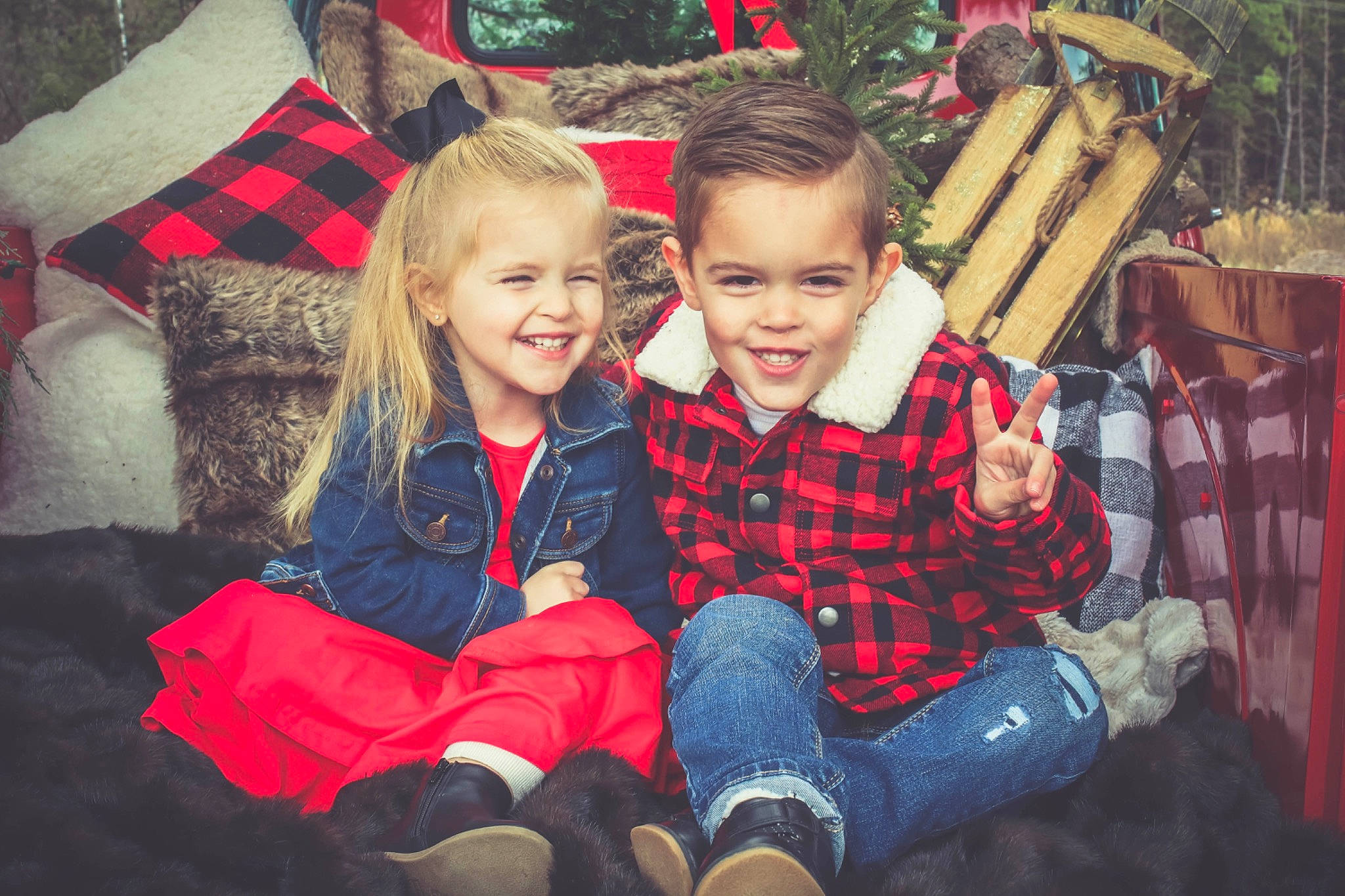 Gabriel joined the competition — help win amazing prizes! child, christmas, family, fun, holiday, joy, pattern, people, person, photography, plaid, red, sibling, sitting, smile, tartan, textile, toddler, tree