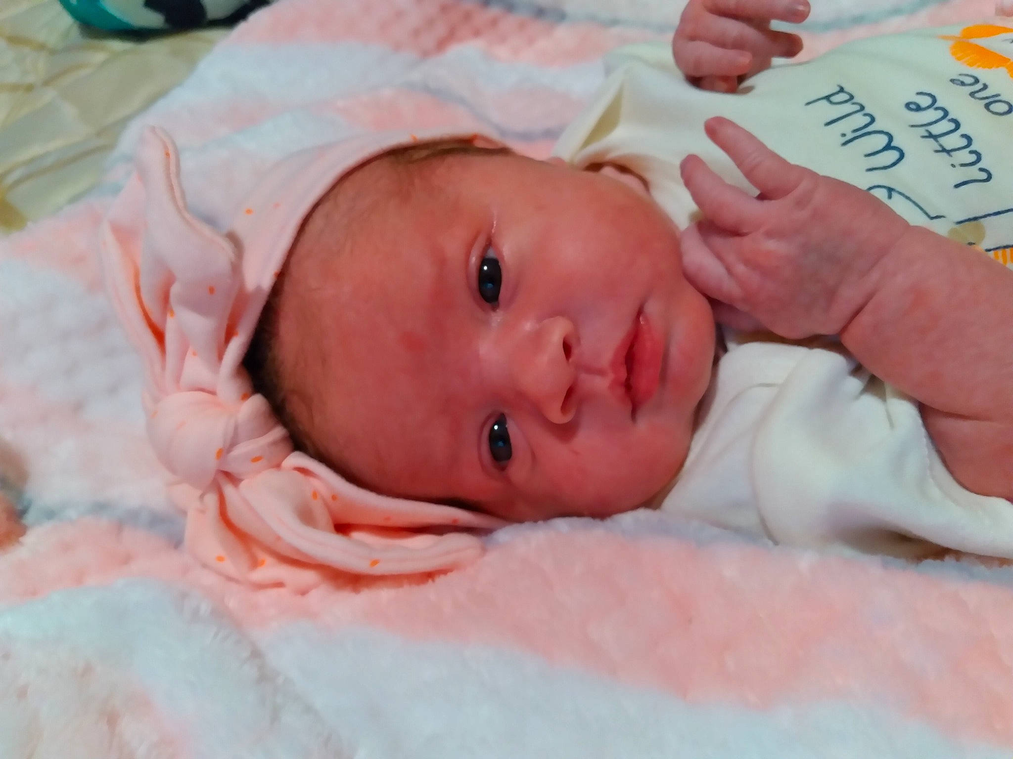 Abriella joined the competition — help win amazing prizes! baby, baby_products, baby_toddler_clothing, bedtime, cheek, child, childbirth, comfort, eyelash, hair_accessory, happy, hat, linens, nose, person, pink, portrait_photography, room, skin, sleep