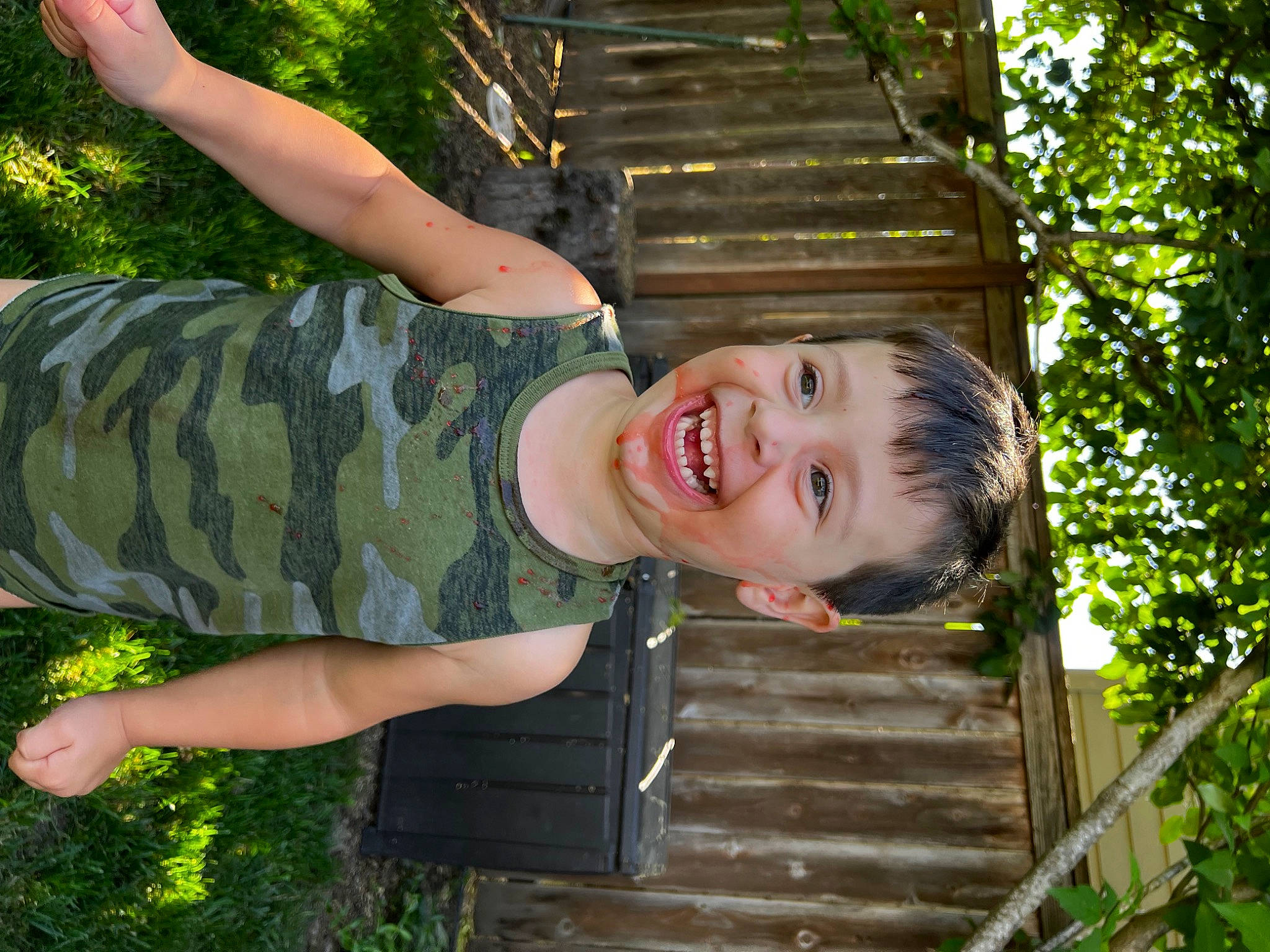 Jack joined the competition — help win amazing prizes! botany, child, facial_expression, fun, garden, grass, happy, joy, laugh, leisure, pattern, people_in_nature, person, plant, smile, spring, summer, t_shirt, toddler, tree