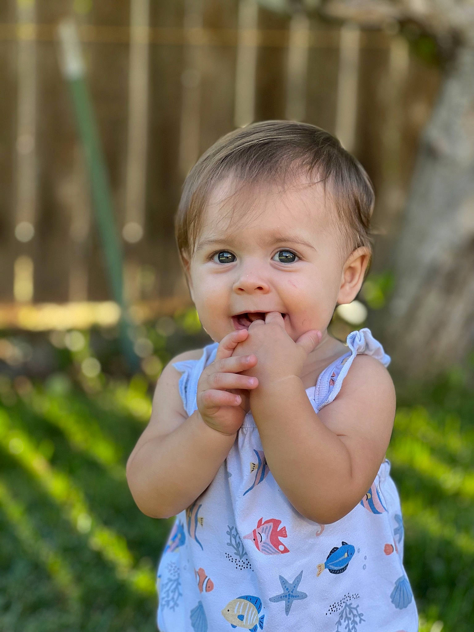 Sage is registered to the contest to win money with this photo: baby, baby_toddler_clothing, cheek, child, dress, eye, face, grass, hair, happy, iris, leisure, nose, people_in_nature, person, plant, skin, sleeve, smile, summer
