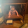 baby, child, pacifier, wooden_furniture, sitting, shelf, indoor, floor, toy, box, curious, person, home, wood, clutter, crawling, face, hand, foot, dim_lighting