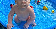 Jase Jr. is registered to the contest to win money with this photo: baby, child, pool, water, toys, blue_pool, outdoor, grass, summer, play, wet, curious, kneeling, toy_ball, toy_duck, toy_rings, barefoot, innocent, face, person