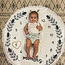baby, child, infant, smiling, pigtails, round_blanket, numbers, heart_shape, months, patterned_carpet, cute_outfit, lying_down, floor, fringe, decorative, happy, young_child, indoor, portrait, person