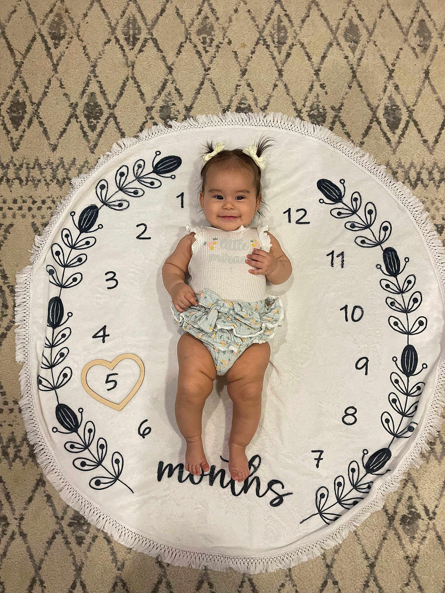 Alessandra joined the competition — help win amazing prizes! baby, child, infant, smiling, pigtails, round_blanket, numbers, heart_shape, months, patterned_carpet, cute_outfit, lying_down, floor, fringe, decorative, happy, young_child, indoor, portrait, person
