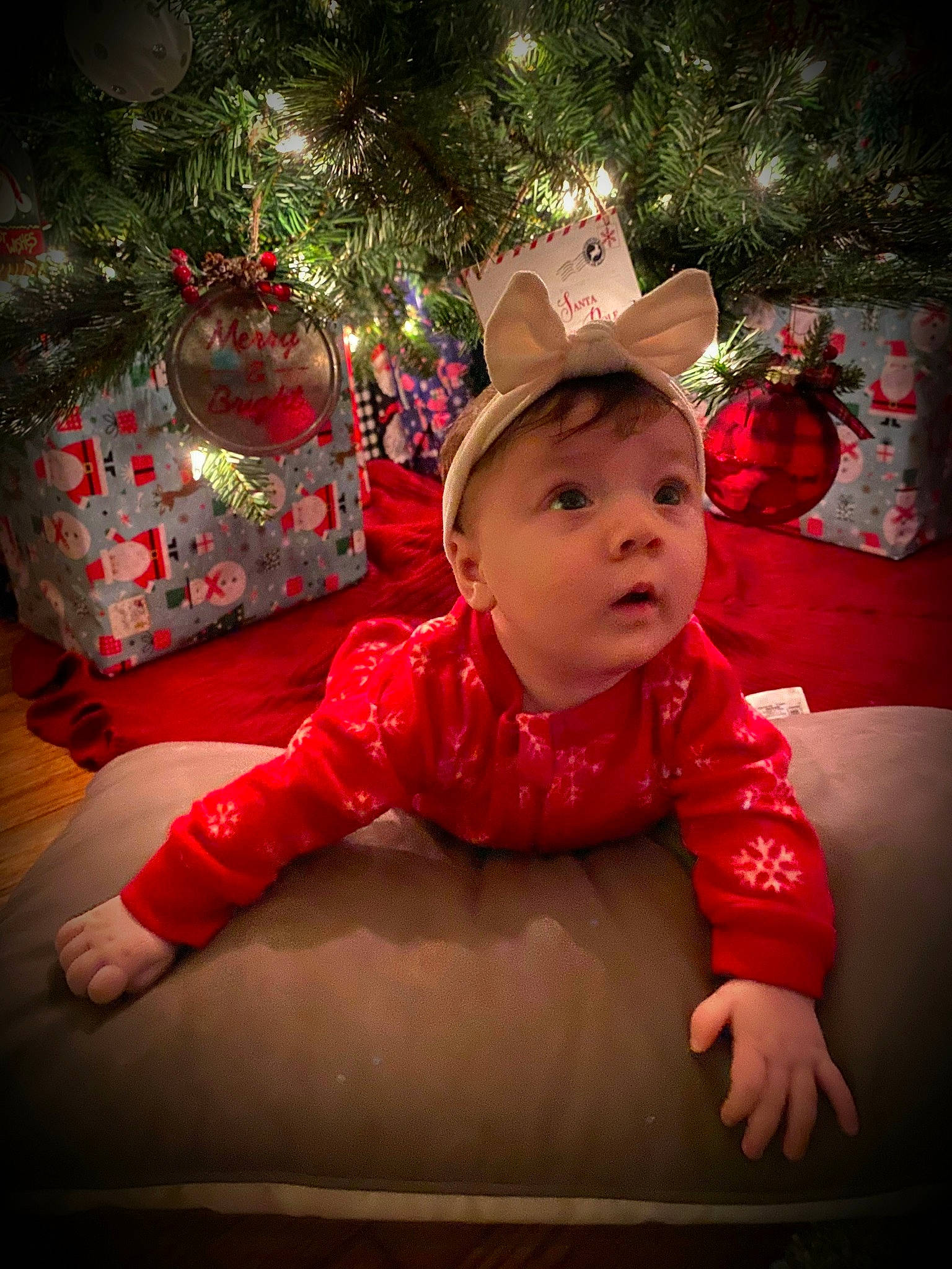 Caroline is registered to the contest to win money with this photo: baby, child, christmas, christmas_eve, christmas_ornament, holiday, person, plant, red, smile, surprise, toddler, tree