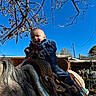 baby, child, horse, saddle, denim, outdoor, smile, blue_sky, tree_branches, animal, farm, sunlight, happy, riding, nature, portrait, clothing, person, daytime, animal_farm