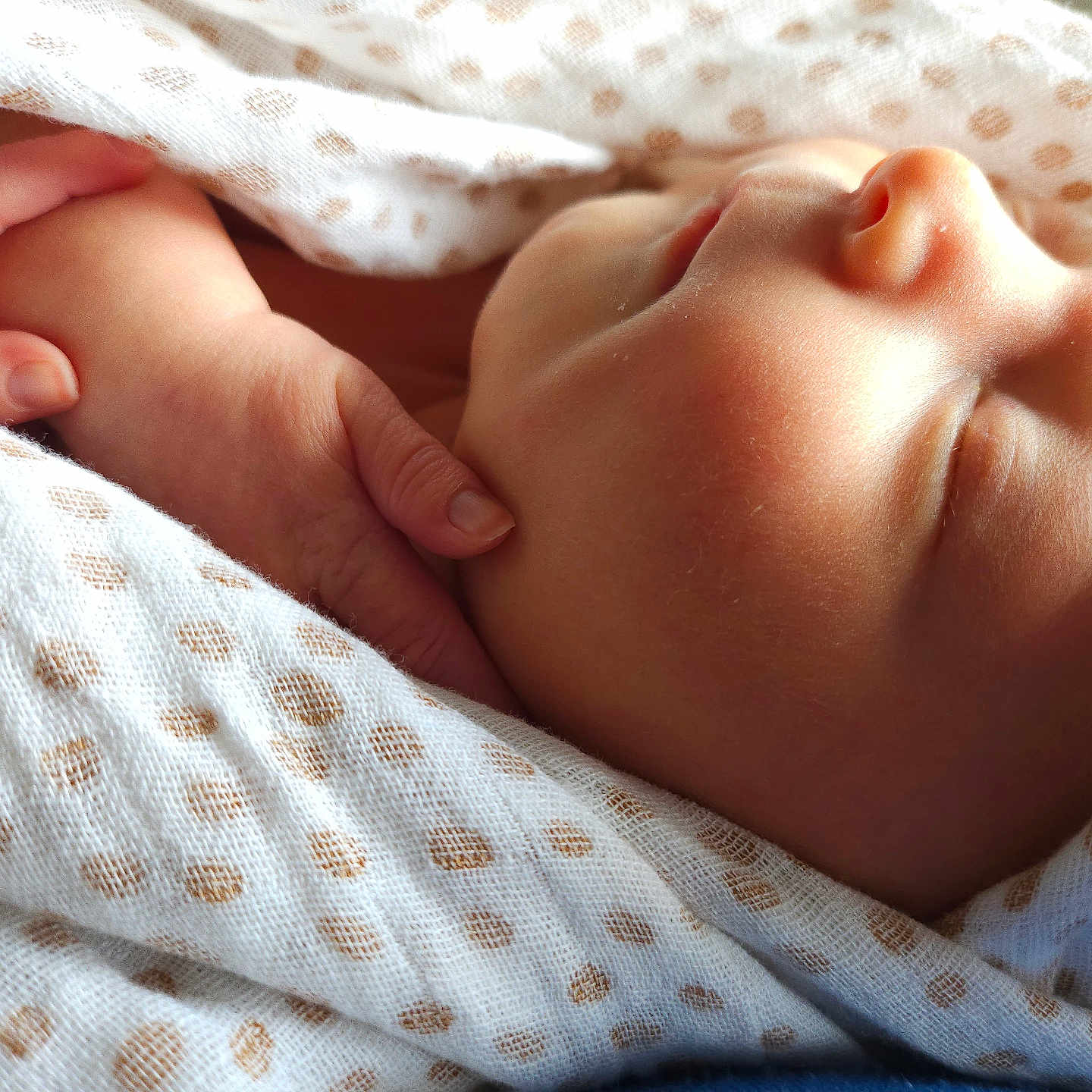 Alice is registered to the contest to win money with this photo: baby, bed, blanket, bodypart, bonnet, clothing, face, finger, furniture, hand, happy, head, newborn, person, photography, portrait, quilt, sleeping, smile, towel