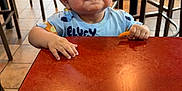 Joel is registered to the contest to win money with this photo: baby, casual, chair, child, chip, clothing, face, floor, food, hands, indoor, messy, person, plastic_wrap, plate, restaurant, smile, table, tiled_floor, utensils
