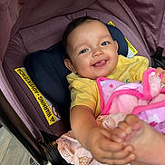 Evanna is registered to the contest to win money with this photo: baby, stroller, child, tongue_out, smile, blanket, foot, yellow_shirt, pink_blanket, playful, infant, happy, cute, person, seat, fabric, indoors, clothing, head, skin